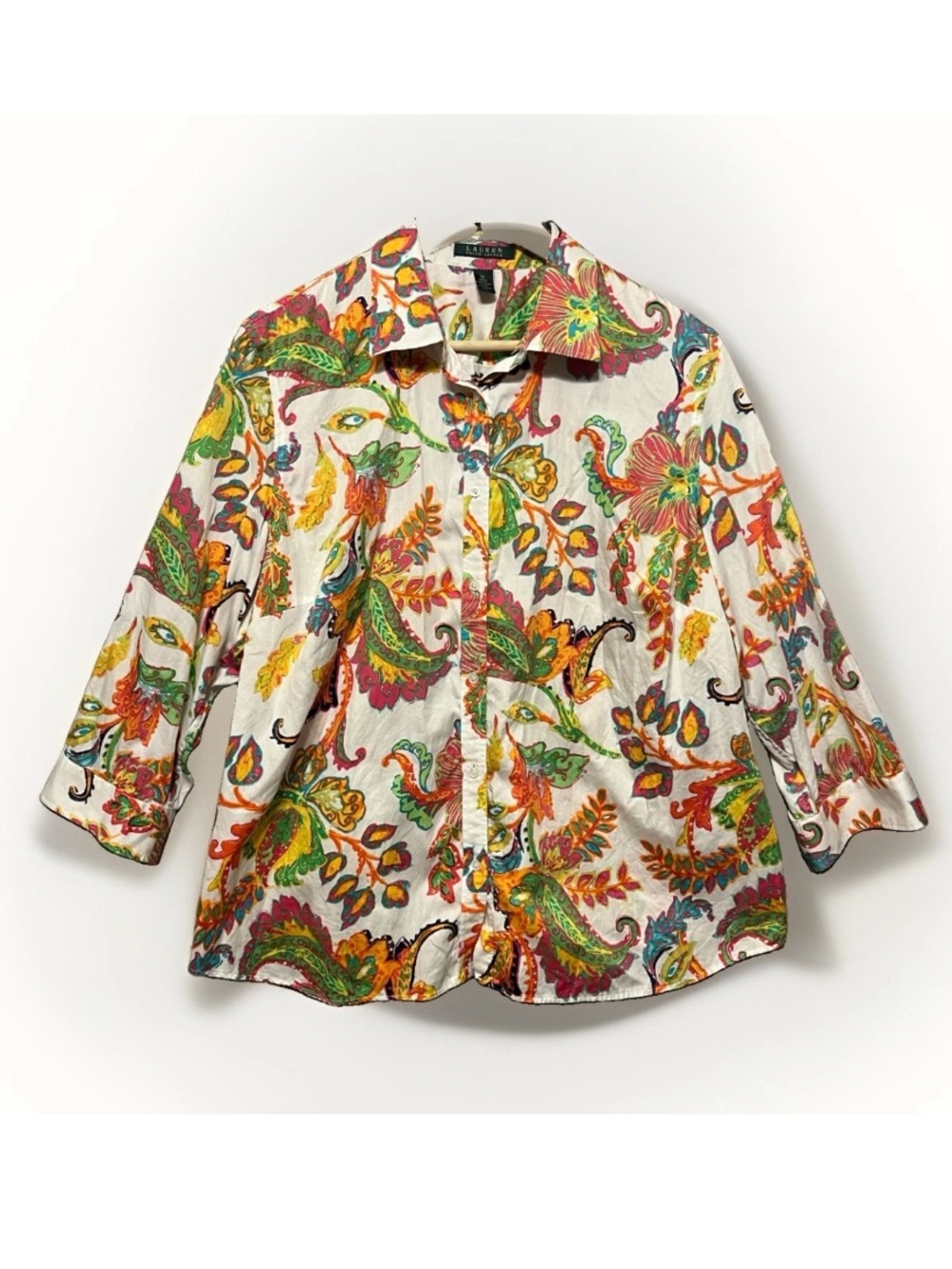 Ralph Lauren Womens 2X Cotton button up shirt colorful art to wear 3/4 sleeves